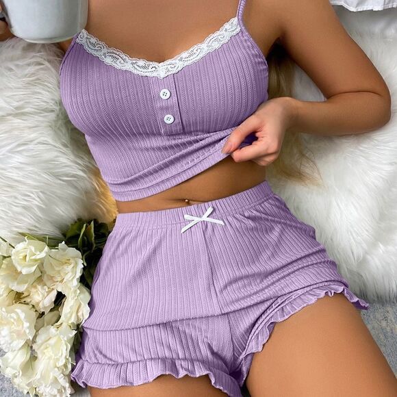 Contrast Lace Top and Shorts Pajama Sleepwear Set - Picture 9 of 9
